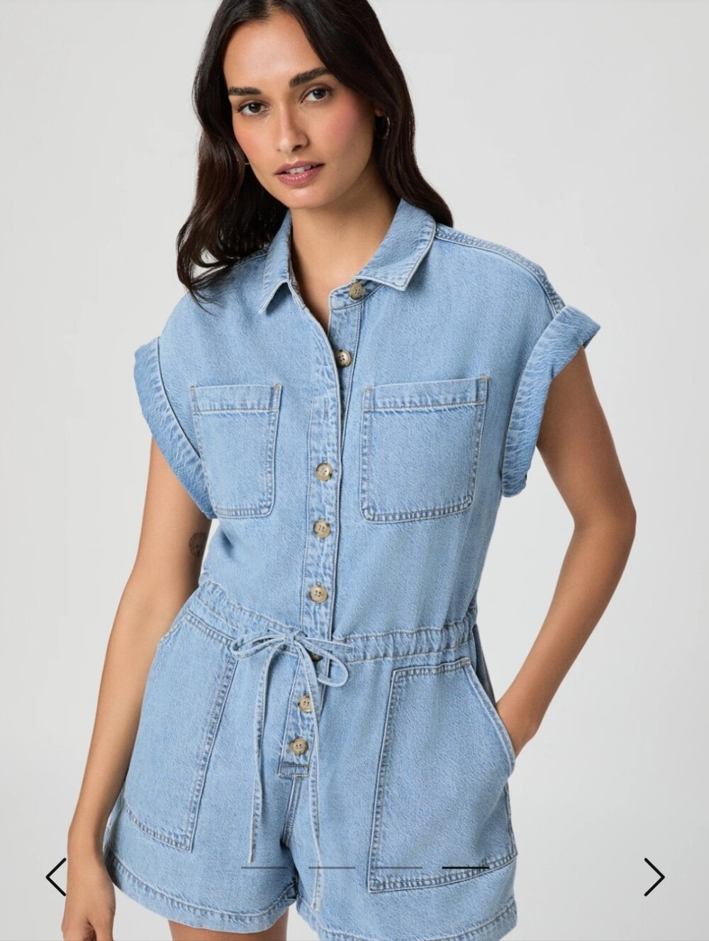 PAIGE Maliah Light Blue Denim Button-Up Romper with Drawstring - Picture 4 of 8